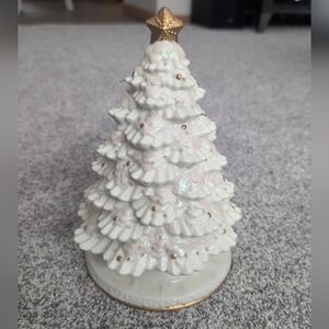 VTG Musical Light-Up 9.5" Ceramic White Gold Glitter Christmas Tree